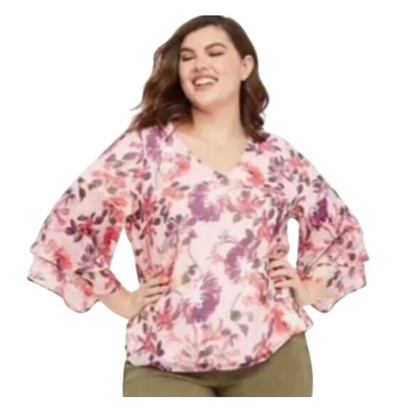 Lane Bryant Women 1x Pink Floral Spring Chiffon Girly Flirty Bell Sleeve Blouse - Picture 1 of 7